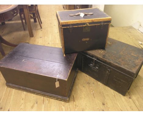 A Victorian stained pine trunk, boarded construction, 2ft. 7in., together with a sheet-iron trunk, 2ft. 10in. and a leather-m