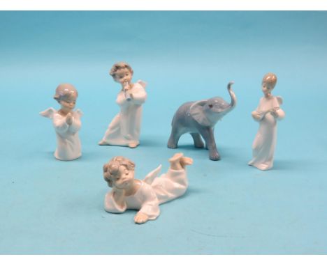 A group of three Lladro cherubs, tallest 6.5in., a Nao cherub lutist and a Casades elephant model