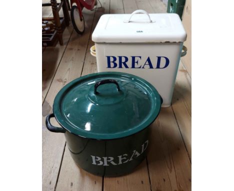 A 1950's enamel bread bin with blue lettering on a white ground - sold with a vintage round similar with white lettering on a
