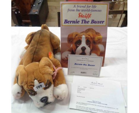 A Steiff collectable hand-made exclusively for Danbury Mint 'Bernie the Boxer' stuffed animal with tag, leaflet, and certific