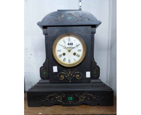 A late Victorian black slate and malachite cased mantel clock with Richard &amp; Cie. eight day bell striking movement - bell