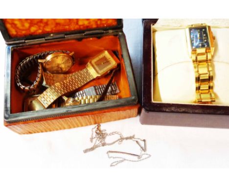 A 1930's dressing table trinket box containing assorted wristwatches - sold with a modern 'London Diamond Co. goldtone dress 