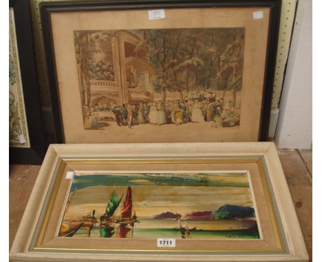 George R. Deakins: a vintage framed oil on board, depicting a typical stylised coastal view with sailing vessels - signed - s