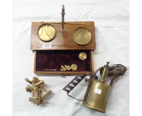 A set of vintage apothecary style scales and weight - sold with a brass blowtorch and a reproduction model sextant