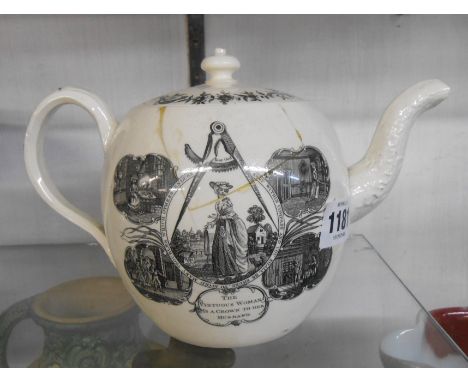 An 18th Century Wedgwood creamware teapot of globe form with moulded spout and handle, decorated with a black transfer print 