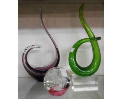 A Murano freeform purple and clear cased glass vase - sold with a similar green glass sculpture and a paperweight