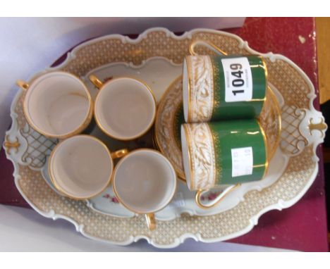 A set of six Spode bone china coffee cans and saucers in the Oaklea pattern - sold with a German porcelain dish with transfer