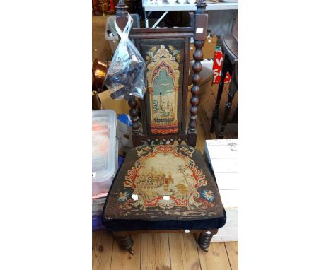 A Victorian mahogany framed prie deiu chair with original tapestry upholstered back panel and seat, set on bobbin supports - 