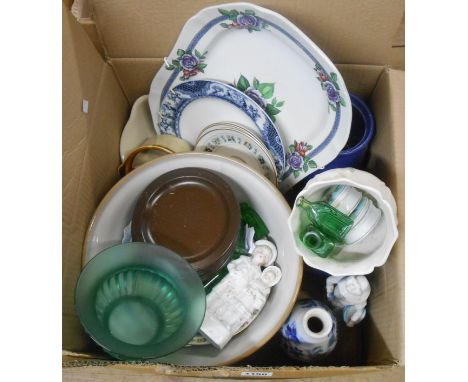 A box containing a quantity of assorted ceramic and glass items including Copeland Spode meat plate, porcelain figurines, etc