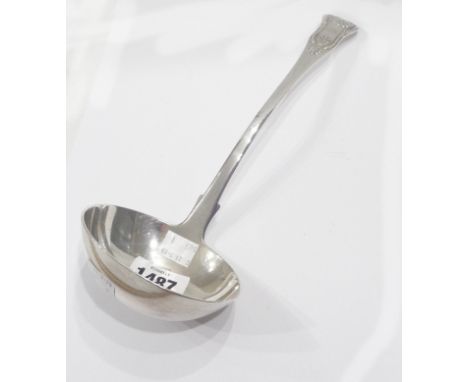 An antique Scottish silver kings pattern soup ladle with engraved initials to terminal - by James &amp; Walter Marshall, Edin