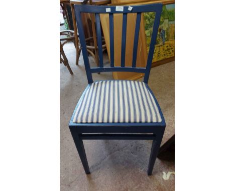 A vintage ladder back elbow chair - sold with a blue painted lathe back standard chair - both with striped upholstered seats