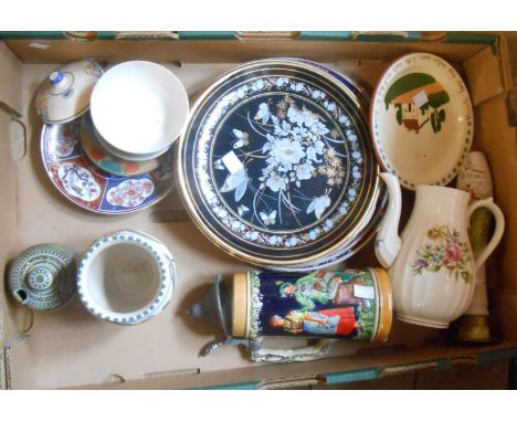 A box containing a quantity of assorted ceramic items including Honiton pottery vase, etc.