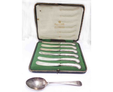 A cased set of six Mappin &amp; Webb silver handled butter knives - sold with a silver spoon
