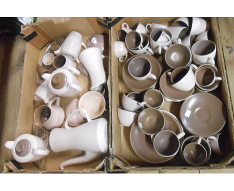 Two boxes containing a large quantity of vintage Poole Pottery teaware in the pink and brown colourway including coffee pot, 