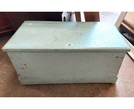 A 75cm old pine lift-top trunk with sky blue painted finish and flanking drop handles