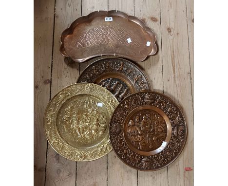 A Hayle Copper (Cornwall) Arts &amp; Crafts Movement beaten tray by F.J. Poole &amp; Co. - sold with three embossed brass wal