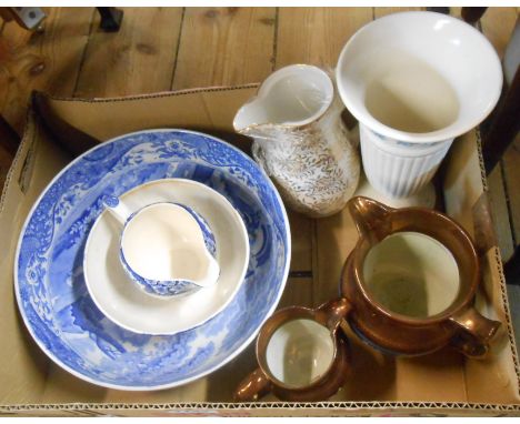 A box containing a quantity of assorted ceramic items including Copeland Spode Italian bowl, Wedgwood embossed Queensware vas