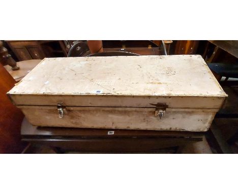 A 1.13m old painted mixed wood maritime transit trunk with sloping lift-top and flanking handles