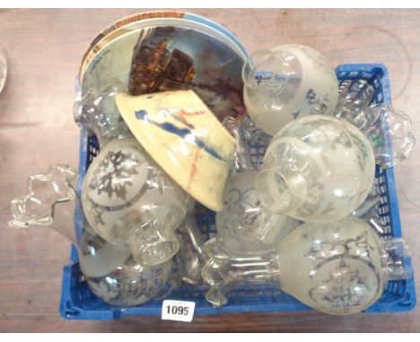 A crate containing a quantity of etched glass oil lamp chimneys, collectors plates, etc.