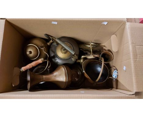 Two boxes containing a quantity of assorted metalware including copper kettle, Ronson silver plated table lighter, brass dish