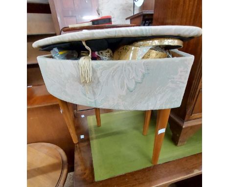 A vintage upholstered sewing box - with sewing contents