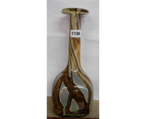 A vintage M'dina glass vase of tall bottle form with internal brown and green enamel decoration