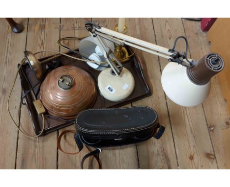 An old tea tray containing a quantity of assorted collectable items including copper hot water bottle, modern anglepoise styl