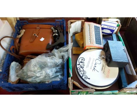 A box and a crate containing a quantity of collectable items including stereoscopic viewer, wooden chess set, slide rule, bin