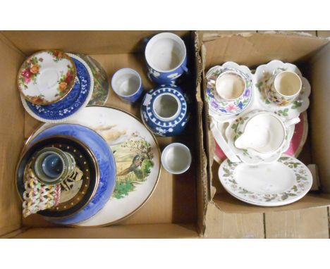 Two boxes containing a quantity of ceramic items including Wedgwood Wild Strawberry pattern trefoil dish, Copeland Spode coff