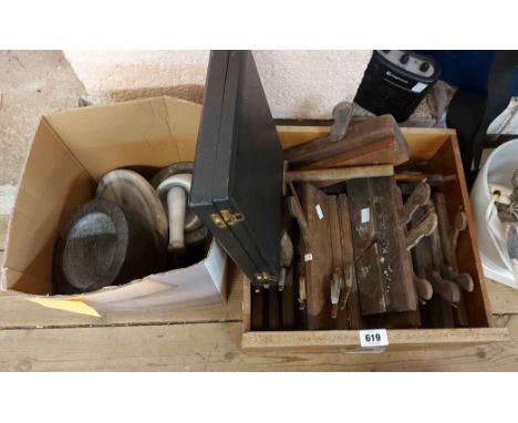 A wooden drawer containing a quantity of old moulding planes - sold with a box containing assorted collectable items includin