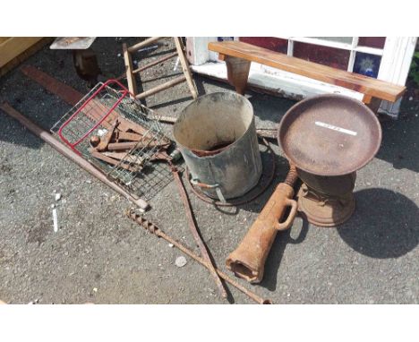 A quantity of assorted items including two similar scales, metalware, wooden shelf, etc.