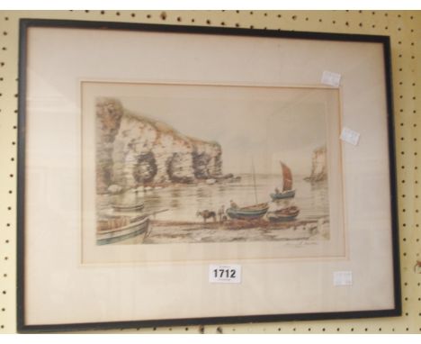 Henry G. Walker: a framed coloured etching entitled ' Flamborough Head' - signed in pencil to the margin and with label verso