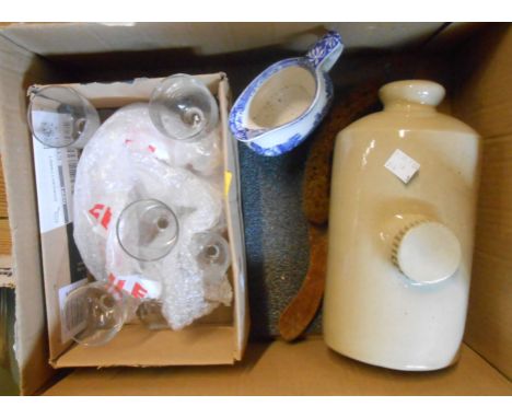 Two boxes containing a quantity of ceramic and glass items including Spode Italian jug, sherry glasses, Mason's Regency cups,
