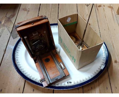 An antique Koilos bellows camera with wooden case, brass fittings and leather bellow - sold with a set of chemist's scales wi
