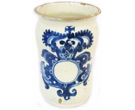 An antique Delftware drug jar of simple baluster form with blue hand painted crown cartouche decoration to front