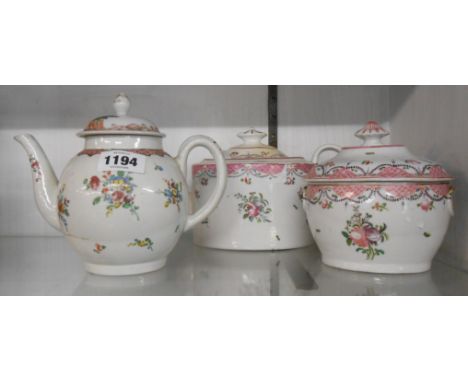 An 18th Century New Hall porcelain teapot of oval form with typical floral spray decoration (restoration to lid) - sold with 