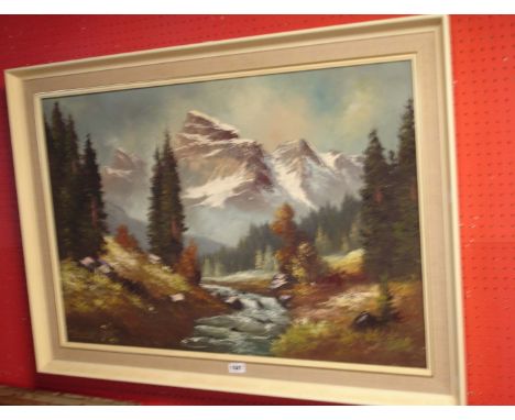 A vintage framed large format oil on canvas, depicting a mountain landscape - signed