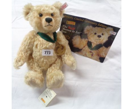 A Steiff Limited Edition Centenary 'Button in ear bear' with gold plated medallion, tags and supporting flyer