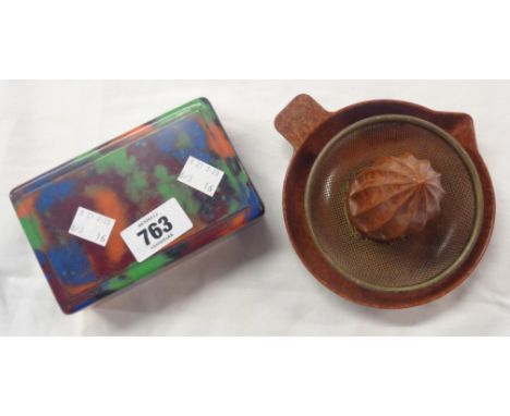 A 1930's brown bakelite "Ex-Squeeze-It" lemon squeezer - sold with a multi-coloured bakelite cigarette box