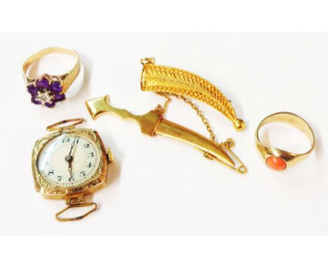 Two 9ct. gold rings - sold with a Middle Eastern yellow metal dagger pattern brooch and a vintage 375 (9ct.) gold case lady's