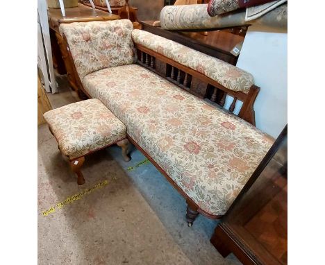 A 1.9m Edwardian stained walnut part show frame chaise longue with spindles to back and floral machine tapestry button back u