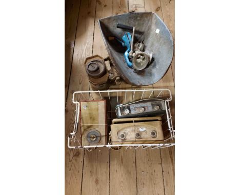 A set of cast iron scales with large galvanised pan - sold with a box containing a quantity of assorted items including carve