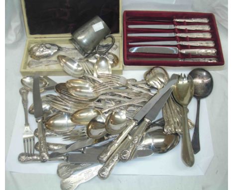 A quantity of silver plated kings pattern cutlery including Elkington and Mappin &amp; Webb makers, also other items