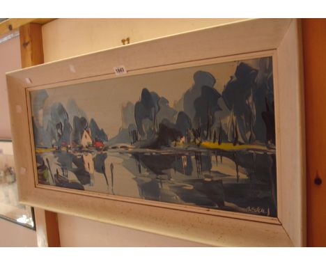 George Deakins: a framed vintage oil on board, depicting a typical stylised view of a waterside building and boats - signed