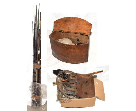 A Collection Of Vintage Tackle to include a Demi Lune wood creel,  landing net, fly wallets, bait tins, floats, a quantity of