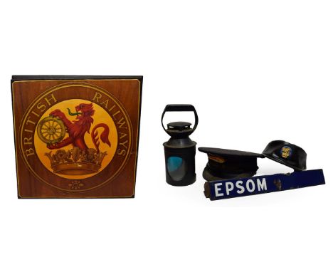 BR Crest On Board together with BR Station Master and another cap, a three aspect lamp interior and a plaque 'Epsom'