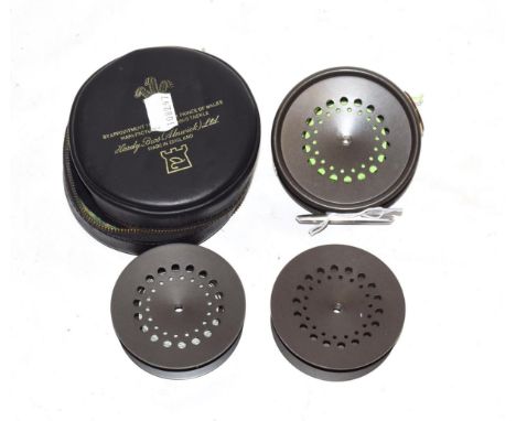 A Hardy Prefect 3 5/8'' RHW Trout Fly Reel with ceramic line guard and 2 additional spools (3)