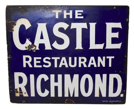 Enamel Sign 'The Castle Restaurant Richmond' white lettering on cobalt blue ground, marked 'Chromo Wolverhampton' 24 1/2x21''