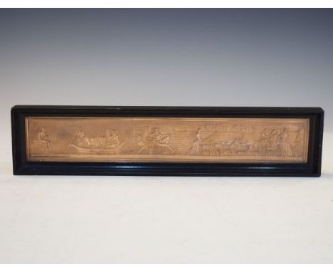 Relief decorated copper finish rectangular panel depicting classical scenes with shepherd and figures in a boat, in an ebonis