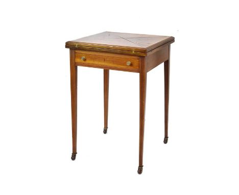 Edwardian mahogany string inlaid and satinwood crossbanded envelope top folding card table, fitted one frieze drawer, raised 